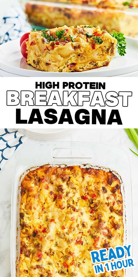 Collage of two images of a Breakfast Lasagna. Breakfast Meats For A Crowd, Egg Lasagna Recipe, Sausage Gravy Breakfast Lasagna, Keto Breakfast Lasagna, Layered Breakfast Lasagna, Breakfast Lasagna Hashbrown, Lasagna Breakfast Casserole, Breakfast Lasagna With Pancakes, Layered Breakfast Casserole