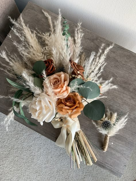 Pampas Wedding Bouquet, Fall Bridal Boho Bouquet, Dried Flowers, Rustic Bouquet, Eucalyptus, Orange Terracotta Ivory - Etsy Fall Boho Country Wedding, Wedding Bouquets Western, Western Bridesmaid Bouquet, Boho Fall Wedding Bouquet, October Boho Wedding, Rustic Boho Wedding Bouquet, October Florals, Western Wedding Bouquets, Pampas Wedding Bouquet