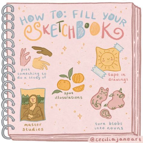 Things To Draw On The Cover Of Your Sketchbook, Cluttered Sketchbook Pages, Cute Ways To Fill Your Sketchbook, Things To Draw In A Mini Sketchbook, Start Sketchbook, Sketchbook Ideas Tiktok, Sketchbook Filling, Filling A Sketchbook, Things To Add To Sketchbook Page