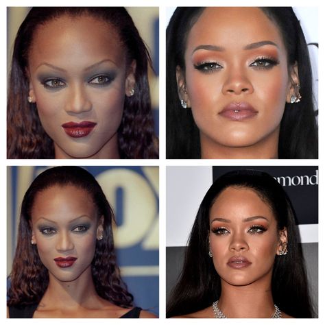 Tyra Banks (2001) vs Rihanna (2015) - Tyra Banks was known for presenting her big forehead with this hairstyle together Rihanna Big Forehead, Big Forehead Models, Edges Big Forehead, Pretty Big Forehead, Big Forehead Black Women, Rihanna Forehead, Hairstyle Big Forehead, Square Forehead, Big Forehead Hairstyles Black Women