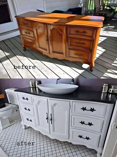 Painted Vanity Bathroom, Painted Furniture Designs, Diy Vanity, Diy Furniture Renovation, Painting Furniture Diy, Furniture Renovation, Repurposed Furniture Diy, Refurbished Furniture, Painting Bathroom