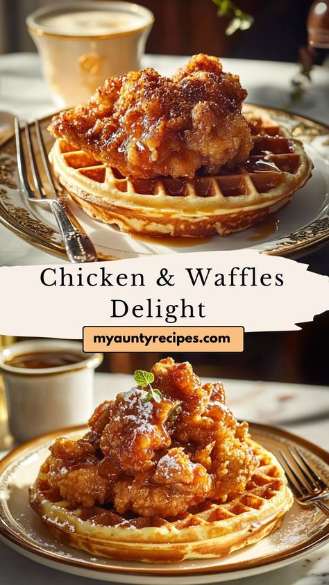 Satisfy your cravings with our Crispy Chicken & Fluffy Waffles Recipe! Juicy, seasoned fried chicken pairs perfectly with light, buttery waffles for a dish that’s both indulgent and comforting. Topped with warm syrup or a spicy honey drizzle, this meal is perfect for any time of day. Whether for breakfast, brunch, or dinner, this classic combination is sure to impress! Pineapple Waffles Recipe, Chaffle Meals, Waffle House Recipe, Syrup For Chicken And Waffles, Spicy Chicken And Waffles Recipe, Spicy Chicken And Waffles, Chicken And Waffles Appetizer, Waffle And Chicken, Chicken And Waffles Brunch