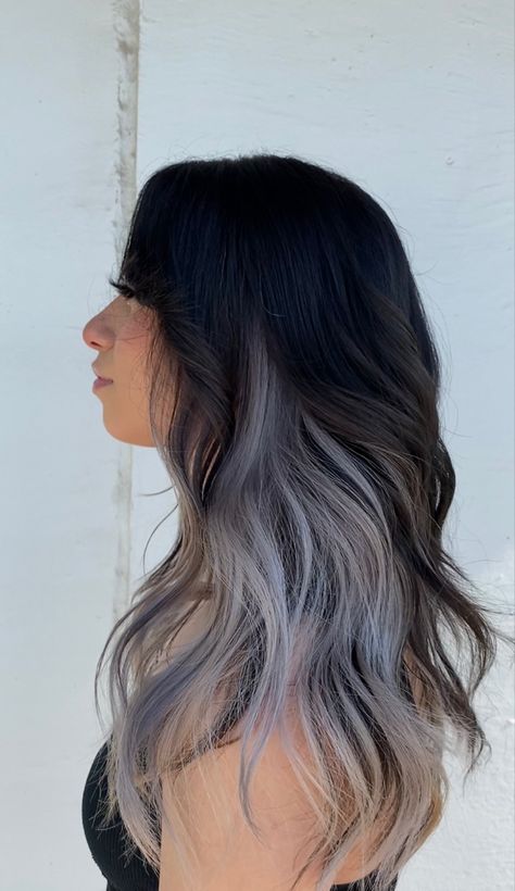 Silver peekaboo Peek A Bio Highlights, Ash Blonde Peekaboo Highlights, Dark Hair Silver Underneath, Blond Peak A Boo Highlights, Dark Brown Hair With Peak A Boo Blonde Highlights, Peekaboo Hair Color Platinum, Peak A Boo Balayage, Hair Color Aesthetic Ideas, Platinum Peekaboo Highlights