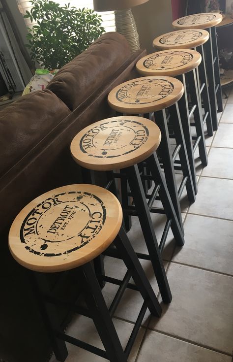 Upcycled Bar Stools, Chair Whimsey, Detroit Motor City, Patio Yard Ideas, Nautical Bar, Painted Bar Stools, Diy Bar Stools, Round Bar Stools, Iron Bar Stools