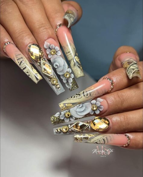 Edge Nails, Fantasy Nails, Pedicure Designs, Long Nail Designs, Money Design, Nail Art Set, Long Acrylic, Bling Nails, 3d Nail Art