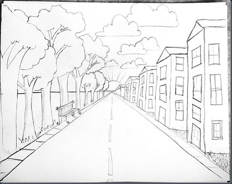 One Point Perspective for elementary kiddos, Thank you smART Class!  http://elementaryartfun.blogspot.com/2012/02/drawing-steps-for-one-point-perspective.html# Trin For Trin Tegning, Perspective Lessons, One Point Perspective, 6th Grade Art, 5th Grade Art, Point Perspective, Perspective Art, Homeschool Art, Perspective Drawing