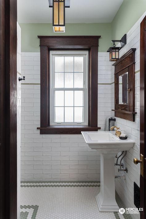 Craftsman Style Homes Bathroom, 1940s Small Bathroom Remodel, Rustic Craftsman Bathroom, Craftsman Bathroom Lighting, Craftsman House Bathroom Ideas, 1920s Craftsman Interior, Craftsman Tile Bathroom, Craftsman Home Bathroom, Craftsman Style Bathroom Ideas