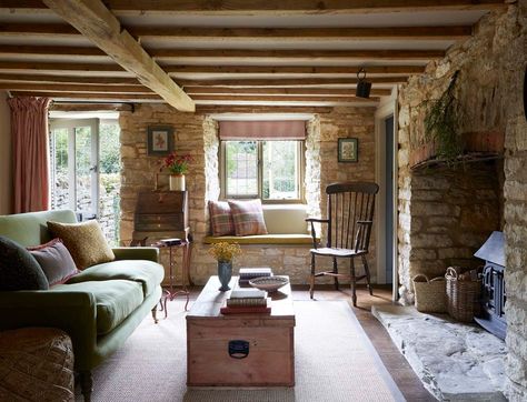 Well Cottage | The Cotswolds | Sand & Stone Escapes Cotswolds Aesthetic Interior, Low Ceiling Cottage, Cotswold Houses, Living Room Stone Wall, Rustic Cottage Living Room, Stone Cottages Interior, Cotswold Cottage Interior, Scottish Country House, Rustic Cottage Interiors