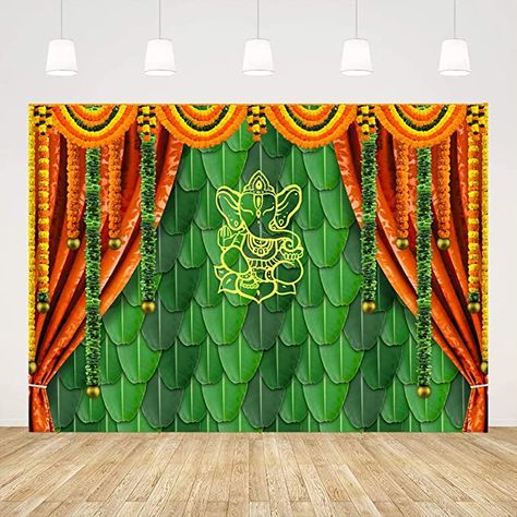 Ticuenicoa 7x5ft India Pooja Traditional Photography Backdrop Banana Leaf Green Chatiya Ganesh Background Puja Ganpati Pooja Mehndi backdrops Decorations Wedding Party Marigold Garlands Photo Props Ganesh Background, Photo Tapestry, Traditional Photography, Traditional Festival, Decoration For Ganpati, Festival Background, Green Banana, Green Backdrops, Paper Backdrop