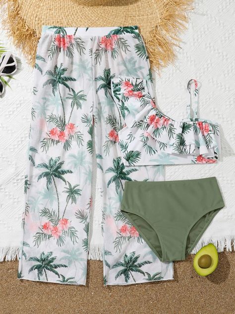 Tween Girl Tropical Print Ruffle Trim Bikini Swimsuit With Cover Up Pants | SHEIN USA Swimsuit With Cover Up, Tropical Vacation Outfits, Cover Up Pants, Summer Bathing Suits, Swimsuits Outfits, Summer Beach Outfit, Cute Bathing Suits, 2 Piece Swimsuits, Cute Swimsuits