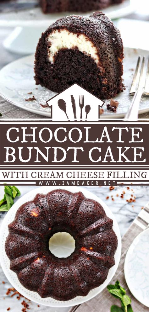 Chocolate Cream Cheese Bundt Cake, Cake With Cream Cheese Filling, Cream Cheese Bundt Cake, Pralines And Cream, Bundt Recipes, Weight Watcher Desserts, Chocolate Bundt, Dessert Simple, Chocolate Bundt Cake