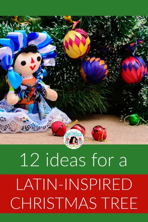 Latin inspired tree Mexican Christmas Decorations Diy, Mexican Christmas Tree Ideas, Mexican Ornaments Diy, Mexican Theme Christmas Tree, Diy Mexican Christmas Ornaments, Latin Christmas, Mexican Christmas Tree, Mexican Christmas Traditions, Mexican Ornaments