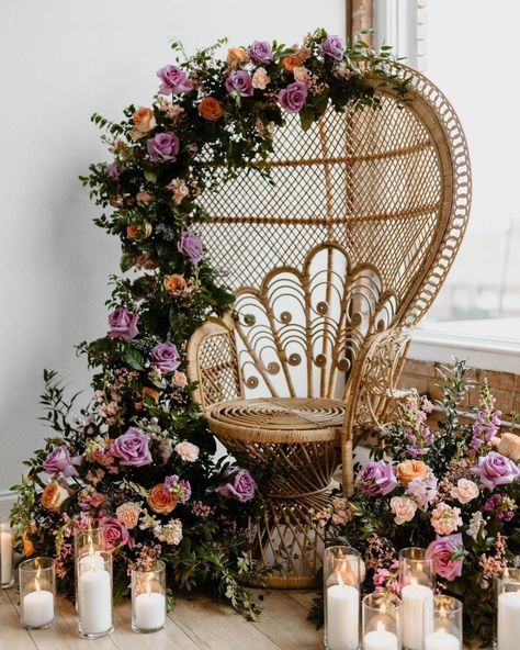 Peacock Chair Flowers, Peacock Chair Decor Wedding, Chair Floral Installation, Backdrop With Peacock Chair, Peacock Chair With Flowers, Floral Chair Decor, Home Floral Installation, Peacock Chair Backdrop, Peacock Chair Photoshoot Maternity