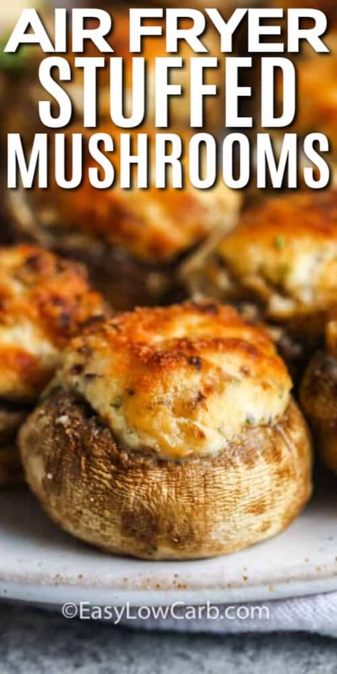 Air Fryer Stuffed Mushrooms are budget friendly, easy to prepare, and take less than 10 minutes in the air fryer.#easylowcarb #airfryerstuffedmushrooms #lowcarbstuffedmushrooms #lowcarb #withcreamcheese #easyrecipe #classicrecipe #easyappetizer #sidedish #mushroomcaprecipe Air Fryer Stuffed Mushrooms, Low Carb Stuffed Mushrooms, Stuffed Mushroom Recipe, Resep Vegan, New Air Fryer Recipes, Keto Air Fryer, Air Fried Food, Stuffed Mushroom, Air Fryer Oven Recipes