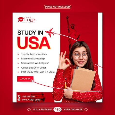 Study In Usa Social Media Post, Back To School Instagram Post, Ielts Social Media Post, Study Abroad Flyer Design, Study In Usa Creative Ads, Study Abroad Social Media Post, Study Social Media Post, Education Banner Design, Study Poster Design