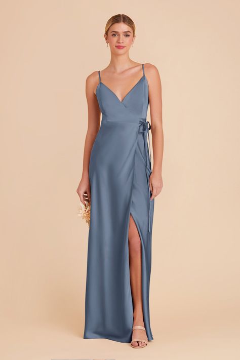 Cindy Matte Satin Bridesmaid Dress French Blue | Birdy Grey French Blue Dress, Wisteria Bridesmaid Dresses, Cindy Dress, Satin Wrap Dress, Birdy Grey, Perfect Bridesmaid Dress, Blue Bridesmaid Dress, Grey Bridesmaid Dresses, Convertible Dress