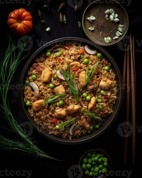 AI Generative Asian fried rice with egg and vegetables Dark stone background Top view Asian Fried Rice, Rice With Egg, Fried Rice With Egg, Vector Landscape, Stone Background, Top Background, Top View, Fried Rice, Egg