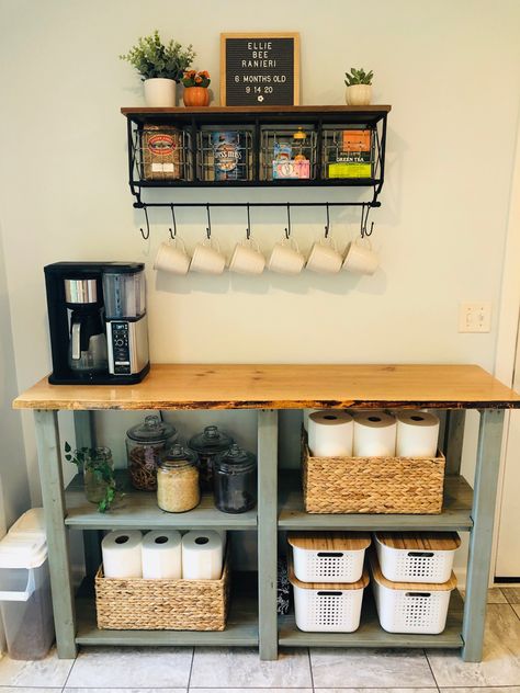 Diy Coffee Breakfast Bar, Coffee Buffet Table, Diy Kitchen Coffee Station, Coffee Bar Ideas For Work, Long Coffee Bar Counter, Coffee Bar In Bay Window, Breakfast Cart Ideas, Homemade Coffee Bar Ideas, Table For Coffee Bar