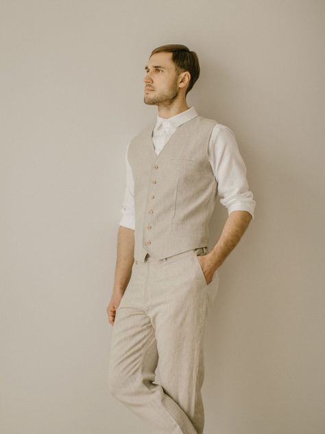 Casual Wedding Men, Linen Groom, Groom Vest Only, Summer Groom, Casual Groom Outfit, Groom Vest, Flax Clothing, Waistcoat Outfit, Wedding Vest