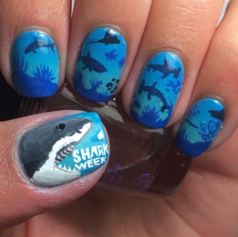 Guys Nail Designs, Shark Nail Art, Nail Designs Easy Diy, Nail Art Printer, Ocean Nails, Get Nails, Shark Week, Moisturize Hair, Funky Nails