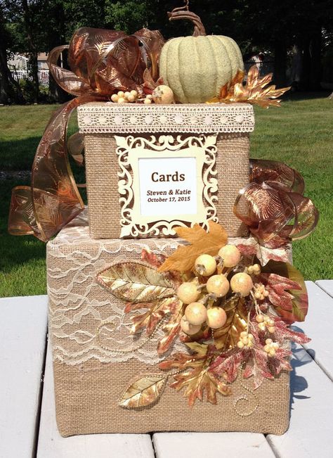 fall wedding card boxburlap wedding by AlltheBestCardBoxes on Etsy Wedding Card Box Ideas, Fall Wedding Cards, Card Box Ideas, Gold Card Box Wedding, Rustic Card Box, Rustic Card Box Wedding, Rustic Wedding Cards, Autumn Wedding Reception, Wedding Card Box