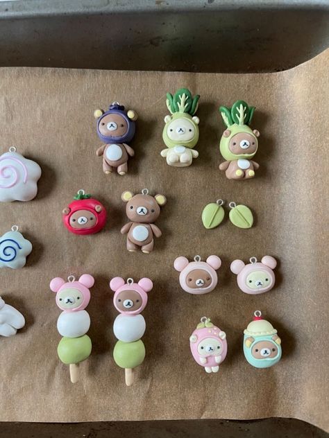 Pokemon Clay Charms, Rilakkuma Clay Charm, Hello Kitty Clay Charm, Sanrio Clay Charms, Polymer Clay Sanrio, Polymer Clay Cute Charms, Clay Crafts Keychain, Rilakkuma Clay, Trinkets Clay