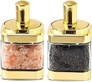 BETTWILL Glass Condiment Spice Jars, Container with Lids and Spoons(11oz/320 ml), Gold Salt Jar, 2Pack Seasoning Box Set for Sugar, Pepper, for Kitchen Counter，Brown Sugar Container. Gold Jars, Salt Jar, Gold Kitchen Accessories, Salt Container, Sugar Container, Glass Spice Jars, Salt Box, Spice Box, Spice Containers