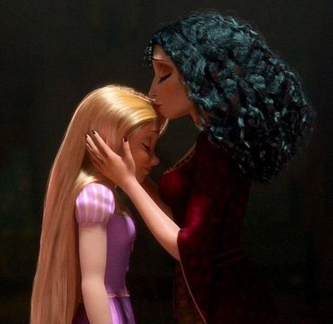 In Tangled, Mother Gothel always kisses/touches Rapunzel's hair when she says "I love you most." This signifies that she doesn't love Rapunzel, she only loves her magical hair. Mother Gothel, Rapunzel, Tangled, Tumblr, Disney, Hair