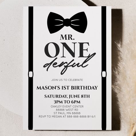 Onederful Birthday Theme, Mr Wonderful 1st Birthday, Mr Onederful Birthday, Bow Tie Party, Onederful Birthday, Mr Onederful, 1st Birthday Party Invitations, Bowtie And Suspenders, Mr Wonderful