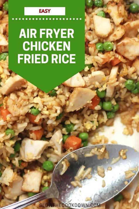 Cook up a delicious Chinese inspired dinner in less than 20 minutes! This air fryer chicken fried rice is one tasty family friendly dinner that's made with pantry staples. With flavors of soy sauce and ginger, it's as good as any takeout! Chinese Food In Air Fryer, Chicken And Rice In Air Fryer, Chicken And Rice Recipes Air Fryer, Air Fryer Chicken Fried Rice, Air Fryer Recipes Rice, Chicken And Rice Air Fryer Recipes, Air Fryer Rice Recipes, Air Fryer Chicken And Rice, Chicken Fried Rice Air Fryer