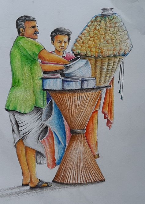 Sketches Indian, Creative Drawing Ideas, Scenery Drawing For Kids, Elementary Drawing, Art Drawing Ideas, Composition Drawing, Human Sketch, Composition Painting, Painting Portraits