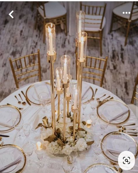 Tall Candle Sticks Wedding, Tall Gold Candle Centerpiece, Gold Candle Centrepiece, Tall Glass Candle Centerpieces Wedding, Wedding Tall Candle Centerpieces, Gold Columns Wedding, Candle Based Centerpieces, Gold Tall Centerpieces Wedding, High Candle Centerpieces Wedding