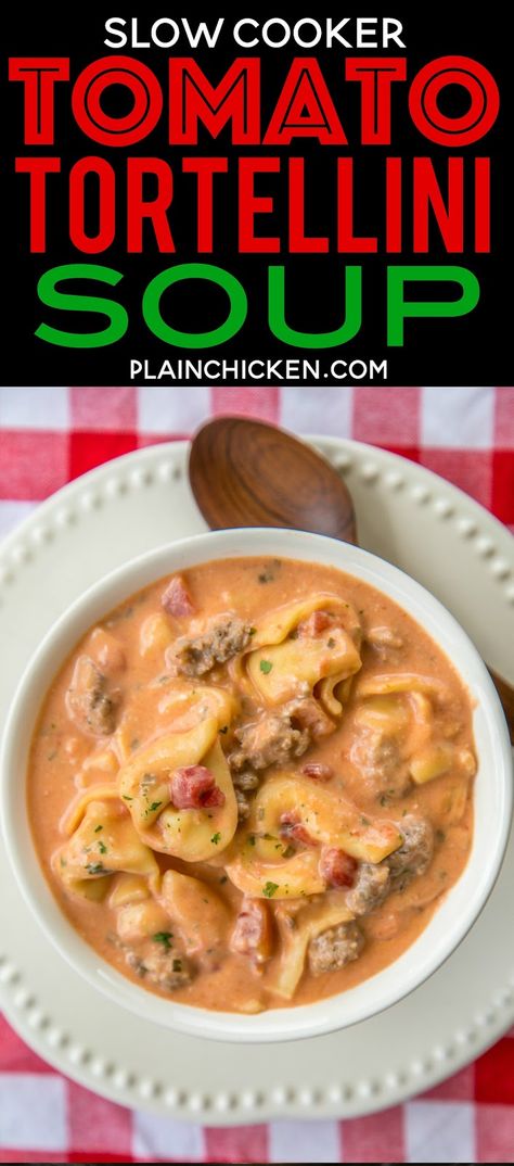 Crock Pot Tortellini, Cheese Tortellini Soup, Tomato Tortellini, Best Tomato Soup, Tomato Tortellini Soup, Tortellini Recipes, Plain Chicken, Soup Recipes Slow Cooker, Tortellini Soup