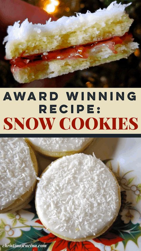 Crockpot Cookies Christmas, Snow Cookies Recipe, Snow Day Cookies, Condensed Milk Snow Cookies, Scottish Christmas Cookies, British Christmas Cookies, Fruity Christmas Cookies, Award Winning Christmas Cookies, Christmas Sandwich Cookies