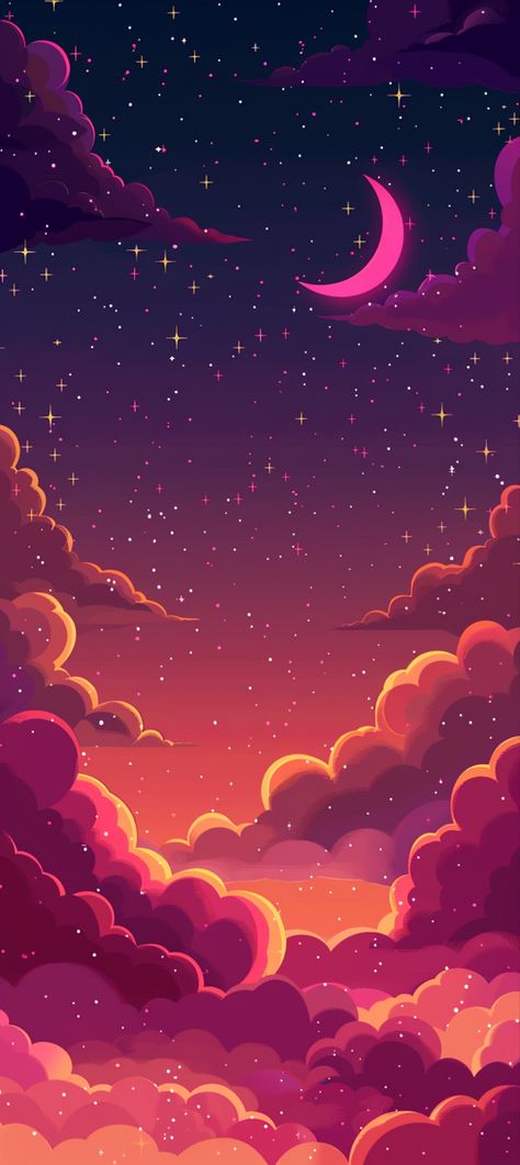 Dive into a fantastical night with our ‘Starry Fantasy Night’ wallpaper. Designed in a charming cartoon vector illustration style, this scene features a pink, red, and purple sky, adorned with a crescent moon and twinkling stars peeking through the clouds. The gradient colors of pink and orange evoke a warm, dreamy atmosphere, perfect for those who love a touch of fantasy and warmth on their devices. This vibrant and dreamy night scene is sure to add a splash of color and imagination to your mobile experience. #FantasyNightSky #CrescentMoonWallpaper #WarmGradientBackground #DreamyIllustration Night Sky Gradient, Fantasy Night, Dreamy Night, Dreamy Atmosphere, Soft Things, Night Wallpaper, Nail Logo, Twinkling Stars, Pop Art Wallpaper