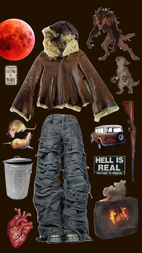 #werewolf #outfitinspo #outfit #grunge #brown Werewolf Clothing Aesthetic, Werewolfcore Outfit, Werewolf Inspired Outfits, Werewolf Core Outfits, Werewolf Outfit Aesthetic, Werewolf Aesthetic Outfit, Werewolf Fashion, Wolf Inspired Outfits, Werewolf Ideas