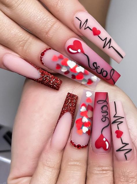 Valentines Nails Sparkle Glitter, Valentine’s Day Nails Acrylic Red, French Ombre Valentines Nails, Red French Tip Valentines Day Nails, Rose Gold Valentines Day Nails, Valentines Nails Coffin Medium, Black Red Valentines Nails, Valentine’s Day Nails Long, Valentines Day Nails Coffin Shape