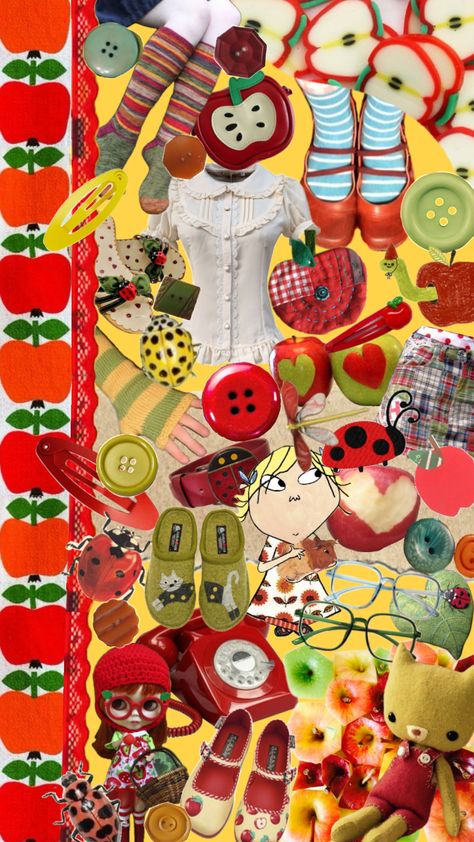 #twee #tweeaesthetic #collage #aesthetic #apples #ladybugs #green #red Silly Clothes, Funky Outfits, Hungry Caterpillar, Aesthetic Collage, Red Aesthetic, New Wall, Wallpaper Iphone Cute, Art Sketchbook, Pattern Wallpaper