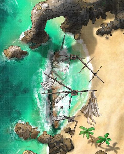 Shipwreck Battlemap, Dnd Shipwreck Map, Dnd Beach Map, Dnd Island, Ship Maps Dnd, Dnd Island Map, Dnd Ship Battle Map, Dnd Ship Map, Dnd Ship