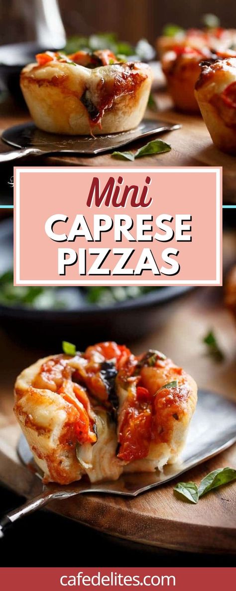 The best part about these Mini Caprese Pizzas is the deep dish part, meaning generous amounts of filling in (not to be confused with ‘on’) pizza dough, almost like a pizza pie! Caprese salad meets pizza in these delicious Mini Caprese Deep Dish Pizzas made easy in a humble standard muffin pan. Mini Deep Dish Pizza, Mini Pizza Cups, Caprese Sliders, Bakery Goodies, Mini Pizza Bites, Mini Pizza Recipes, Caprese Pizza, Muffin Pan Recipes, Pizza Cupcakes