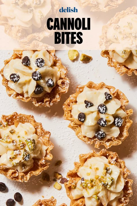 The classic dessert is better bite-sized, TBH. Cannoli Bites Recipe, Cannoli Bites, Cannoli Recipes, Xmas Recipes, Cream Horns, Italian Foods, Appetizer Ideas, Half Baked, Party Appetizers