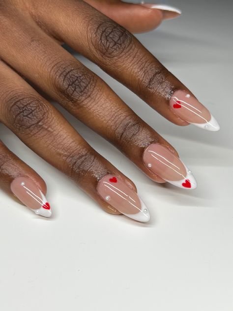 #almondnails #valentinesdaynails #frenchnails #nailart #naildesign #nailinspiration #nailinspo💅🏻 #nailsofinstagram #fashion #ignails Elegant Heart Nails, Almond Acrylic Nails Heart Design, Red Nail Designs Almond, French Heart Nails, French Tip With Heart, White Almond Nails, Nail Art French, White French Tip, Red Nail Designs