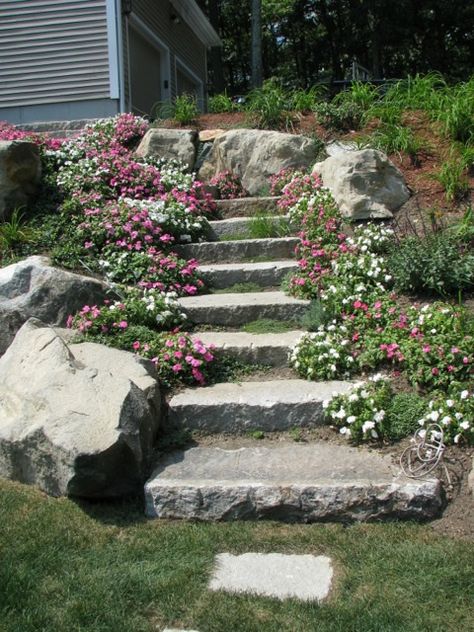 Hill Rock Garden, Historic Landscape Design, Shady Hillside Landscaping, New England Landscaping, Shady Backyard, Cottage Landscaping, Sloped Backyard Landscaping, Cottage Landscape, Stair Renovation