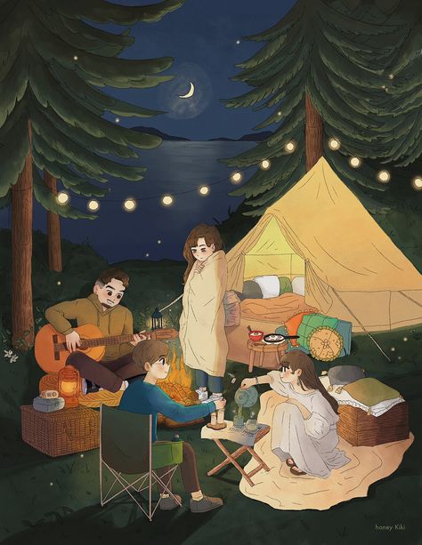 Honey Kiki Studio, Camping Illustration Art, Camp Drawing, Camp Illustration, Camping Illustration, Camping Drawing, Cottage Illustration, Camping Couple, Sweet Drawings