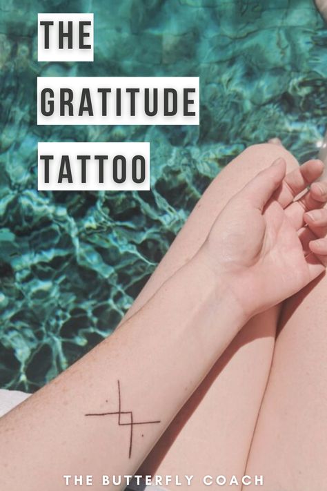 The Gratitude Tattoo Gratitude Neck Tattoo, Small Gratitude Tattoo, Gratitude Tattoos For Women, Grateful Symbol Tattoo, Symbol Of Gratitude Tattoo, Be Here Now Tattoo Symbol, Grateful Tattoo Ideas Symbol, Be Grateful Tattoo, Everything Happens For A Reason Tattoo Symbol