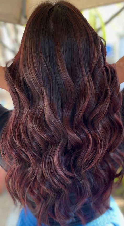 Black Hair With Rose Gold Highlights, Dark Brunette Balayage Hair, Cherry Cola Hair Color, Dark Brunette Balayage, Rose Gold Hair Brunette, Burgundy Balayage, Cherry Cola Hair, Red Balayage Hair, Red Balayage