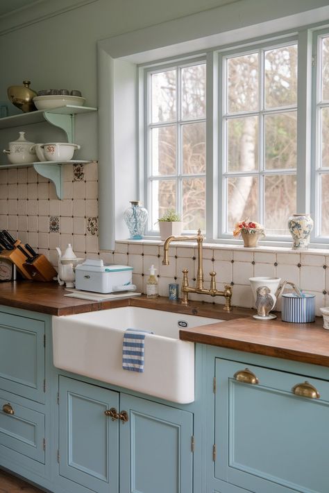 15 Pale Blue Kitchen Ideas That Bring Style and Serenity to Your Home - My Decor Inspo White And Blue Backsplash Kitchen, Light Blue Kitchen Walls, Blue Accent Kitchen, Pastel Blue Kitchen, Sky Blue Kitchen, Blue Kitchen Countertops, Blue Vintage Kitchen, Light Blue Kitchen Cabinets, Pale Blue Kitchen