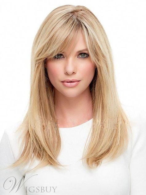 Woman With Blonde Hair, Blonde Hair Extensions, Real Hair Wigs, Human Hair Color, Remy Human Hair Wigs, Frontal Hairstyles, Side Bangs, Long Blonde, Long Straight Hair