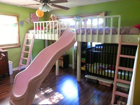 double loft bed diy kids slide Zara Bedroom, Double Loft Beds, Diy Loft, Bed Slide, Custom Bunk Beds, Bunk Bed Plans, Diy Loft Bed, Bunk Bed With Slide, Kids Loft