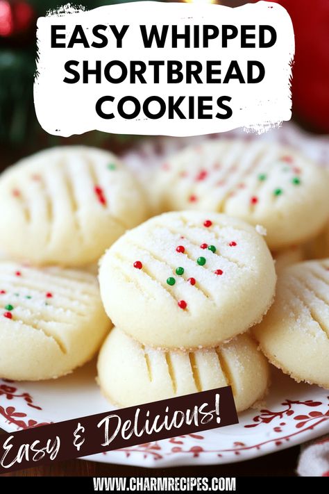 Whipped shortbread cookies are a fun, easy treat that always impresses! These melt-in-your-mouth delights use just a few simple ingredients, making style effortless in your baking. Ideal for holiday gatherings or as a cozy snack, whipped shortbread cookies offer a sweet flavor that's both buttery and light. Whether baking for friends or piecing together a dessert platter, you’ll appreciate how simply these cookies come together. Try food experimenting with different toppings or pair them with your favorite beverages for the perfect indulgence. Shortbread Cookies With Royal Icing, Few Ingredient Baked Goods, White Velvet Cutout Cookies, Holiday Flavored Cookies, Candy Cane Whipped Shortbread, Butter Cookies Recipe Cookie Press, Whipped Sugar Cookies, Coconut Shortbread Cookies 12 Tomatoes, Sheet Pan Shortbread Cookies